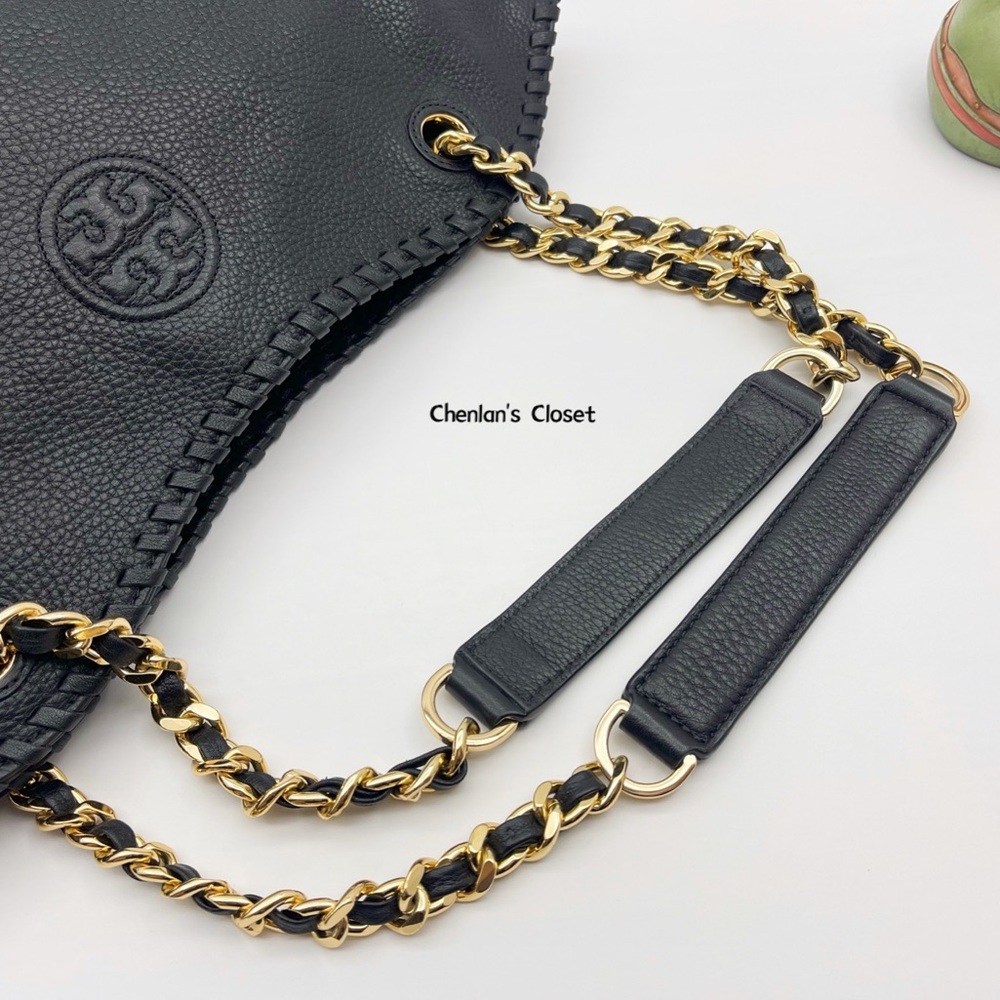 Tory Burch Black Marion Slouchy Shoulder Bag Purse with Gold Chain - Picture 7 of 14